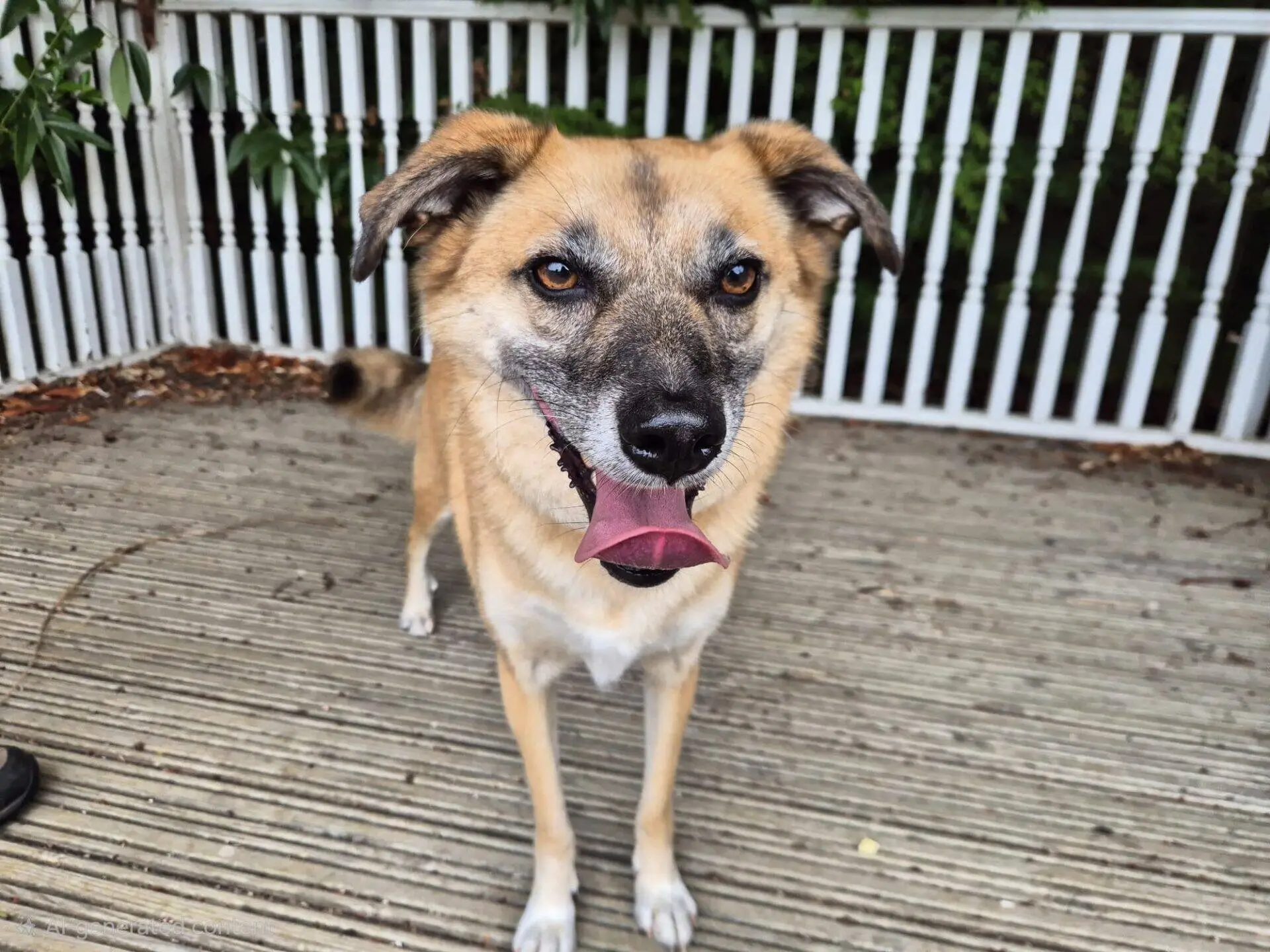 A happy brown and white Dexter dog stands on a wooden decking with its mouth open and tongue out. There is a white fence and green plants in the background.