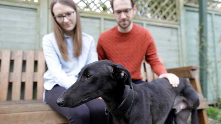 Man and women with a black dog