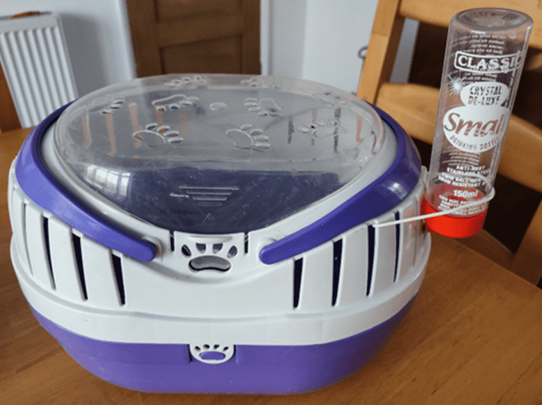 A purple and white pet carrier with a clear lid and attached water bottle.