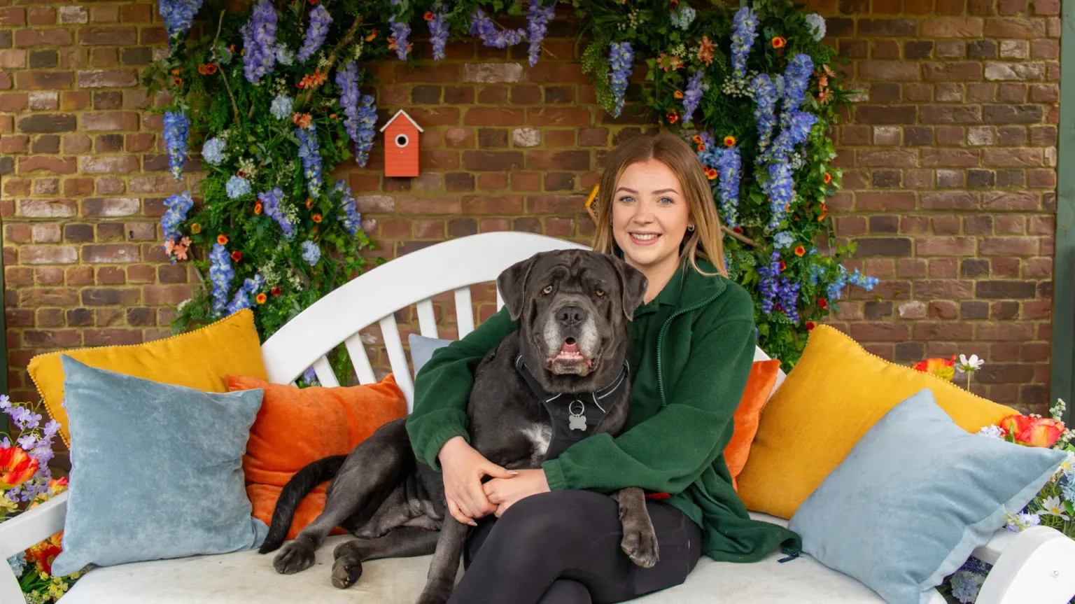 A smiling woman sits on a white bench, hugging a large black dog. Colorful pillows surround them, with a floral arch and brick wall in the background. Purple flowers and a small red birdhouse hang above.
