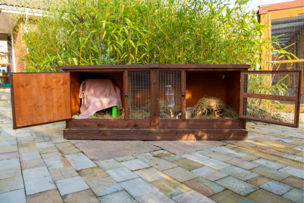 A wooden outdoor hutch with open doors — demonstrating helpful ideas on how to house your guinea pigs — shows hay, a water bottle, and a pink blanket inside as it sits on a stone patio surrounded by green plants in the background.