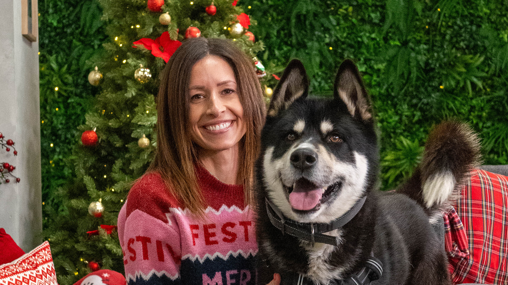 A smiling woman in a festive sweater poses with her large, happy black and white dog in front of a decorated Christmas tree and lush green background, highlighting the joy—and importance—of pet safety at Christmas.