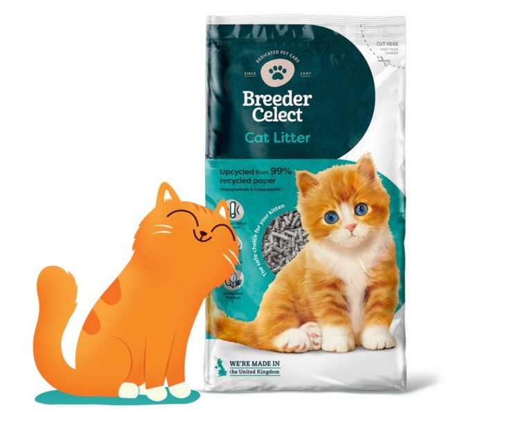 A cartoon ginger cat rubs against a bag of Breeder Celect cat litter