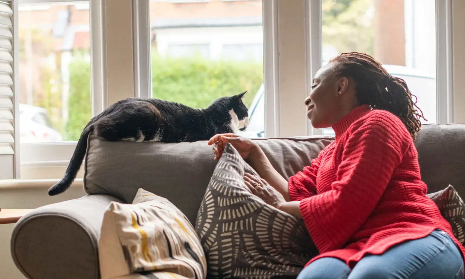 A woman in a red sweater sits on a sofa, smiling and reaching toward a black and white cat perched on the windowsill inside a cozy living room.