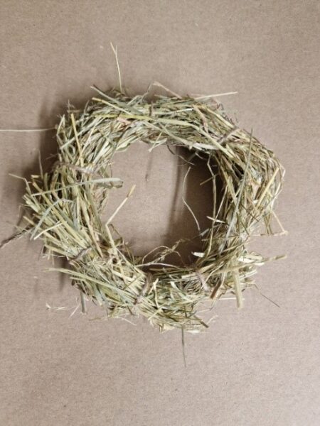 A small, circular nest made of dried grass and hay, resembling a wreath for rabbits and rodents being made, placed on a plain brown surface.