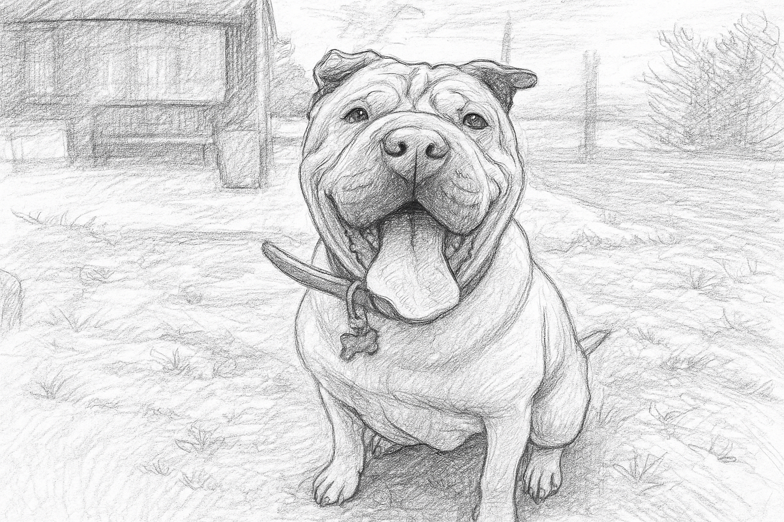 A pencil sketch of a happy Shar-Pei cross breed with loose skin and a large tongue, sitting outdoors on grass with a collar around its neck. A building and trees appear blurred in the background.