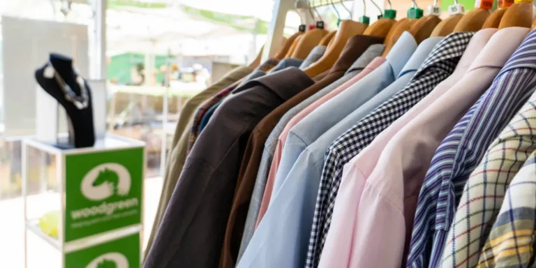 A row of neatly hung mens shirts in various colors and patterns on wooden hangers, displayed in a bright, modern Woodgreen charity shop with a “woodygreen” sign visible in the blurred background.