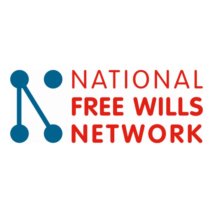 Logo for National Free Wills Network featuring a blue stylized N made of dots and lines, symbolizing free will, with 