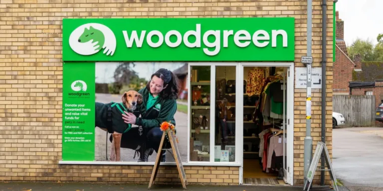 A brick-fronted Woodgreen charity shop in St Ives with a green sign, a photo of a woman with a dog, and a display window showing clothes and items inside. A small table with flowers sits by the entrance.