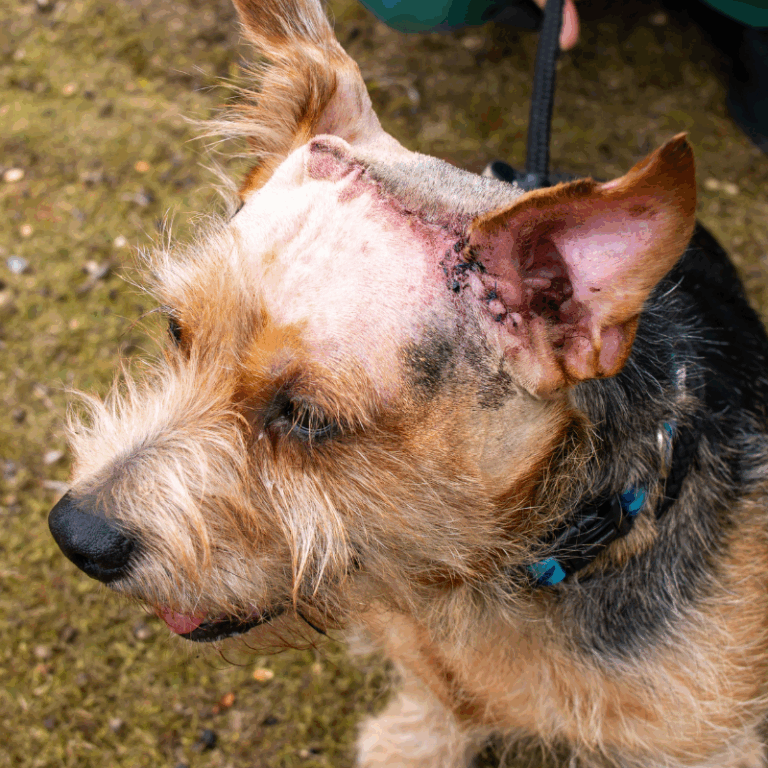 Norman with a scar on his head after the lump was removed