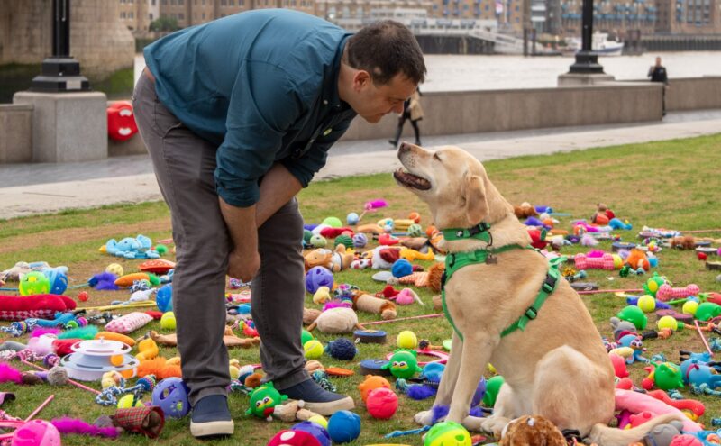 A man bends down to touch foreheads with a yellow Labrador sitting on grass, surrounded by dozens of colourful dog toys, near a riverside walkway.