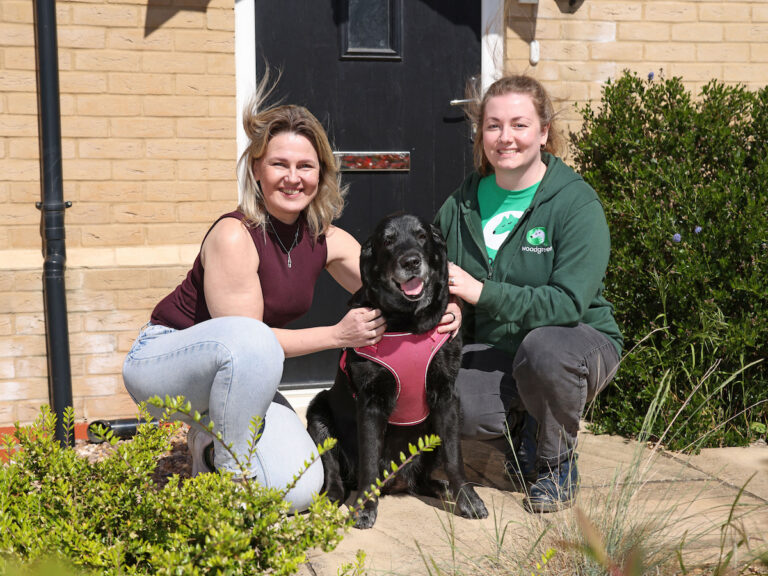 Two women, passionate about helping pets, kneel and smile beside a black dog in a pink harness outside a house with a black door and tan brick wall, surrounded by lush bushes on a sunny day.