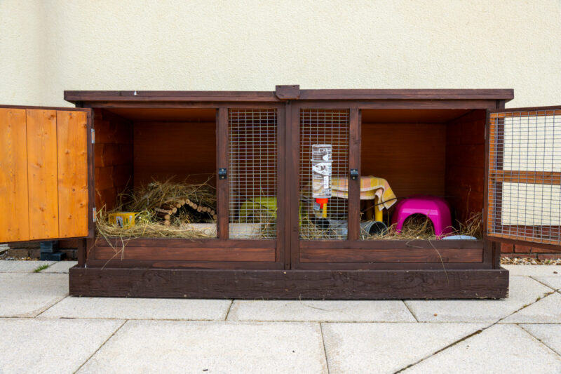 A large wooden guinea pig hutch with open doors reveals hay, water bottles, bowls, a pink plastic shelter, and other small items inside. The hutch sits on a light tiled patio against a cream wall.