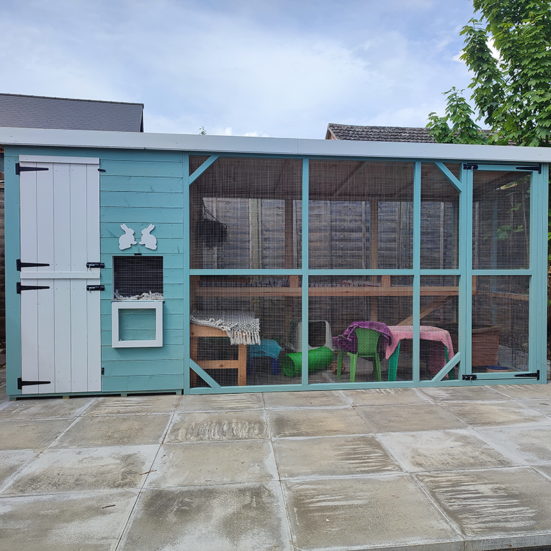 A large outdoor cat enclosure with a blue wooden structure, white door, mesh walls, and shelves inside. There are cat toys and blankets visible through the mesh. The enclosure sits on a paved patio.