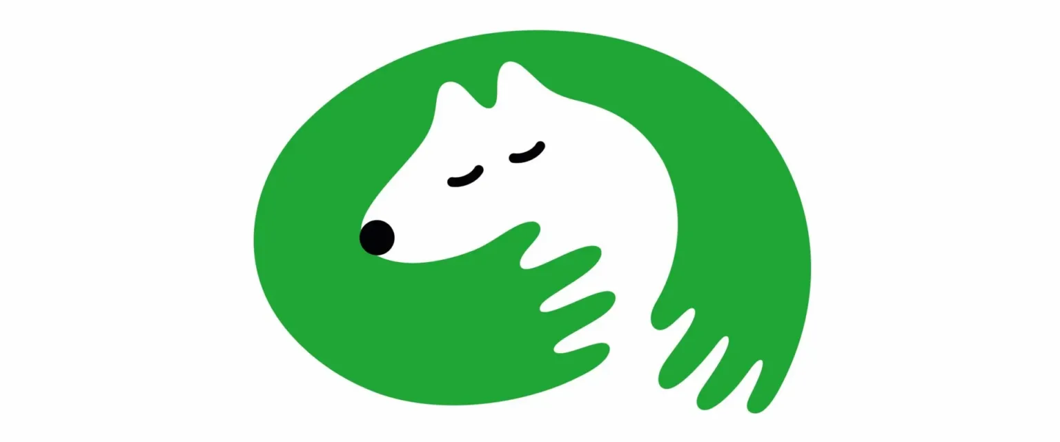 A minimalist illustration for section 1 dogs, showing a white dog with eyes closed, surrounded by a green circular shape forming a hand that gently cradles the dog’s head and neck, symbolising care and protection.