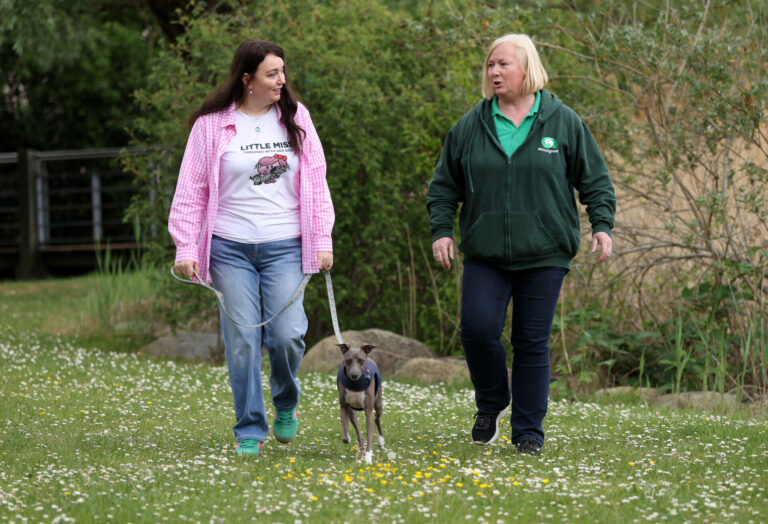 Two women walk on grass with a small dog on a lead between them. One wears a pink jacket, the other a green hoodie. Trees and flowers are visible in the background.