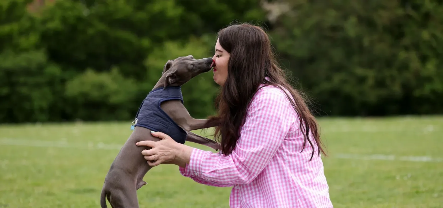 A woman in a pink checked shirt smiles as a small dog wearing a blue vest stands on its hind legs and licks her face in a grassy outdoor setting.