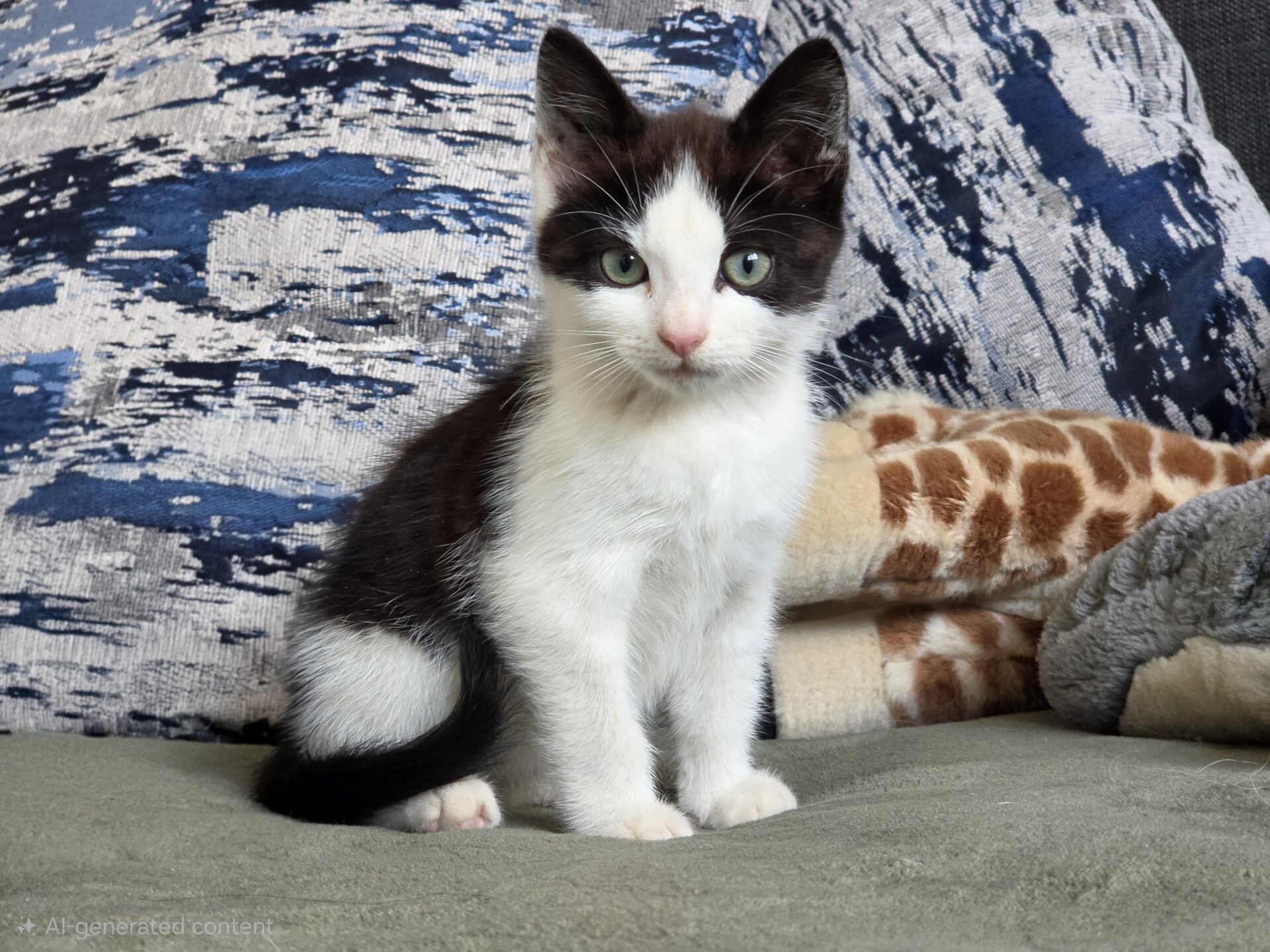 A black and white kitten with green eyes sits on a sofa, with patterned blue and grey cushions and a giraffe-print blanket in the background.