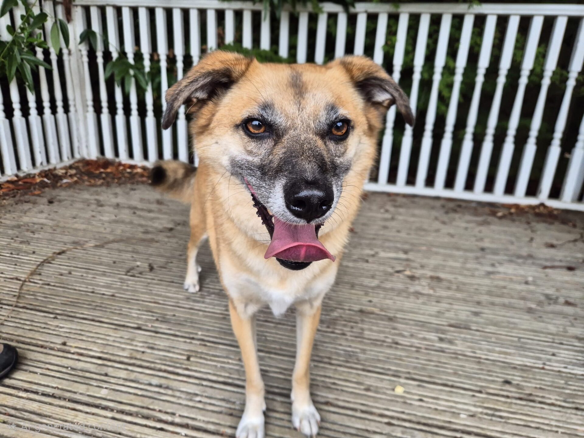 A happy brown and white Dexter dog stands on a wooden decking with its mouth open and tongue out. There is a white fence and green plants in the background.